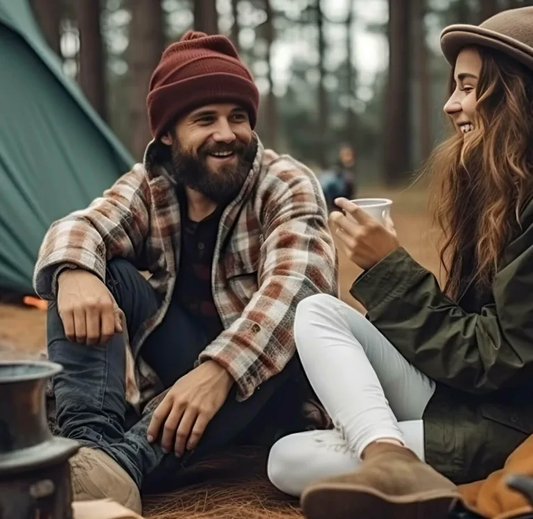 Zwei junge Menschen lachen gemeinsam beim Camping im Wald.